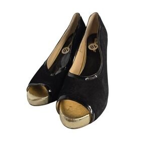 Dollhouse Blanka Black Suede Gold Open Toe Heels Pumps Women's Size 10